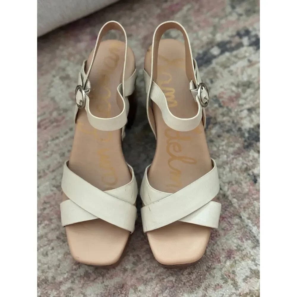 Sam Edelman Women’s Sz 10 Josephine Wood Block Platform Sandals Cream Leather